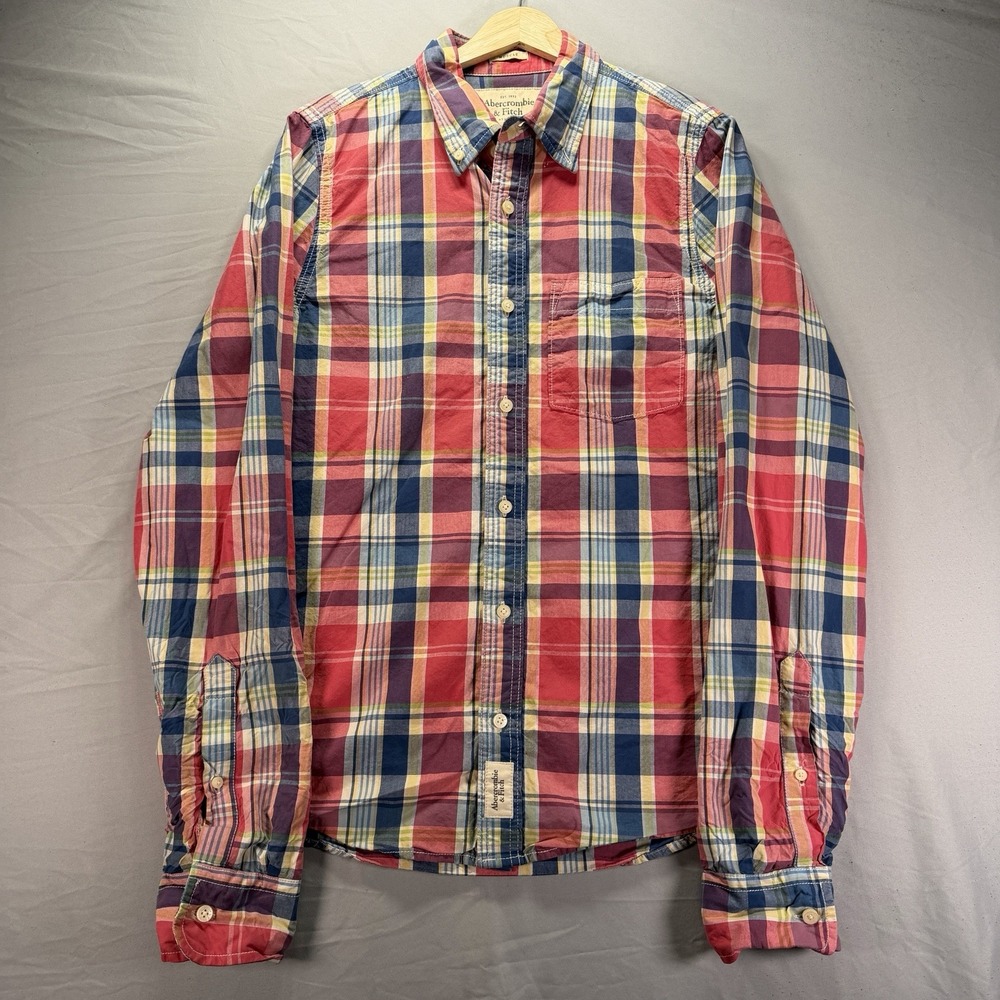 Abercrombie Fitch Muscle Button Down Shirt Mens Large Red Plaid Cotton